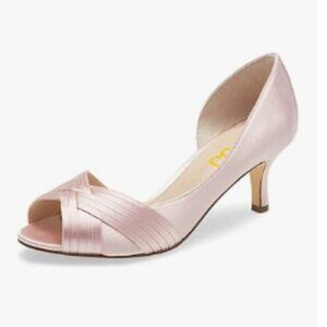 FSJ Pink Satin Peep Toe Kitten Heel Pumps
